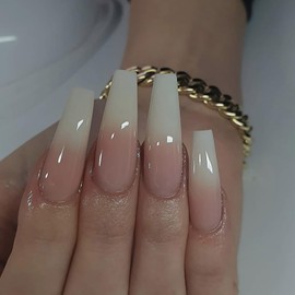 24Pcs French Tip Press on Nails RTKHFZE Extra long Ballet False Nails Coffin Full Cover Fake Nails with Jelly White Gradient Designs Acrylic Nails Nails Press Ons Stick on Nails for Women Manicure
