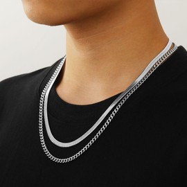 Lydow Layered Silver Chain Necklaces for Men, 2Pcs Double Cuban Curb Link Herringbone Chains Set Gold Plated Mens Necklace Jewelry Gifts Male Him Teen Teenage Boys Cadenas Para Hombres 22/24 Inches