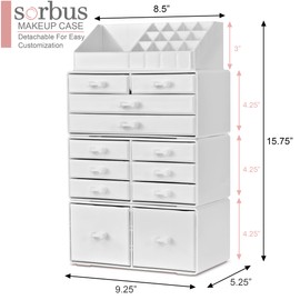 Sorbus Large Makeup Organizer - Stackable Jewelry & Makeup Organizer For Vanity, Bathroom Storage, Dresser - 12 Drawers Cosmetic Beauty Organizers and Storage with Lipstick, Makeup Brush Holder