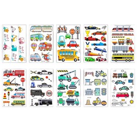 Waterproof Car Temporary Tattoos for Kids Cartoon Vehicle Transportation Stickers, Removable Decals for kids Bath Time, Pool Parties & Learning Activities (10 Sheets)