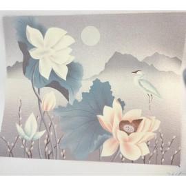 Lotus Swan Misty Background Floral With Moon Painting On Canvas 11.5x13.75 8x10