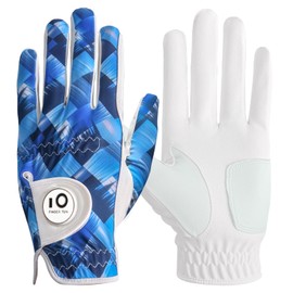 FINGER TEN Golf Gloves Men Left Hand Right with Ball Marker Cabretta Leather Weathersof Value Pack,Mens Golf Glove Fashion Pattern Wear Resistant (Navy, L,Left)