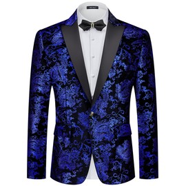 MAGE MALE Men's Velvet Floral Tuxedo Peak Lapel One Button Dinner Party Prom Wedding Suit Jacket Blue