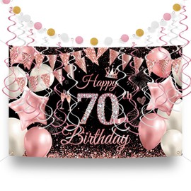 21th Birthday Backdrop Banner Rose Gold & Black Milestone Decorations Set, Includes Birthday Backdrop, Spiral Decorations for Men Women Milestone Birthdays Celebrations 180×110cm
