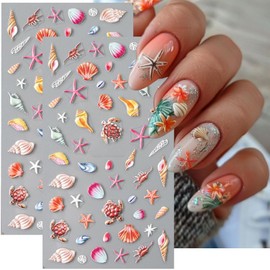 Summer Nail Stickers 5D Embossed Ocean Theme Nail Decals Seashell Starfish Turtle Marine Life Nails Design Manicure Sliders Beach Sea Self-Adhesive Nail Art Supplies for Women Manicure Decorations