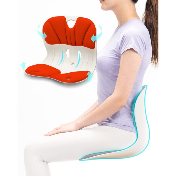 [Curble Chiar For TEENAGER] Ergonomic Lower Back Support, Lumbar Support Back Posture Corrector for Low Back Pain Relief, Perfect for Home Office Desk Chair, and Floor Seat, Patented (Red)