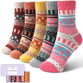 ICEIVY Womens Socks 5 Pairs Wool Warm Cotton Thick Vintage Casual Winter Cabin Crew Fuzzy Socks Gifts For Women