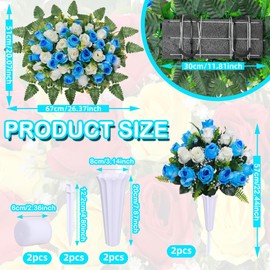 Artificial Cemetery Flower Saddles, Cemetery Memorial Flowers with Vase,Outdoor Grave Saddle Headstone Decorations, Artificial Rose Bouquet Grave Memorial Flowers (Blue White)