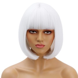 Bopocoko White Wigs for Women 12'' Short White Bob Wig with Bangs Natural Synthetic Soft Wig Cute Colored Wigs for Daily Party BU239WH