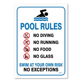 Pool Sign Swimming Pool Rule Sign 14 x10 Blue, Red, Black on White Self-Adhesive Vinyl Sticker