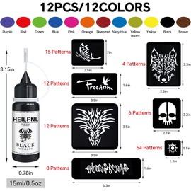 Kit de tatuajes temporales con 12 colores de tinta, kit de 111 plantillas para pintura corporal y tatuajes falsos, ideal para fiestas de arte y pintura para mujeres y hombres.
