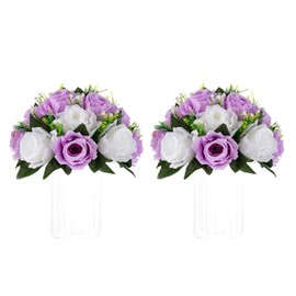 NUPTIO Flower Wedding Centrepieces for Tables - 2 Pcs 9.5in Diameter Lilac & White Artificial Flowers Rose Ball for Centerpieces Table - Fake Rose Arrangements for Weddings Birthday Party Decor