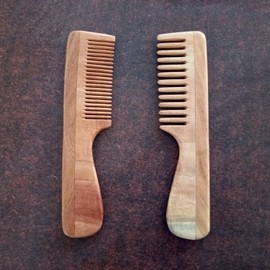 Pure Neem Wood Set of 2 Wide and Fine Tooth Comb with Handle