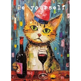PIXILUV DE-MOTIVATION Greeting card ~ Cute Cat Celebrating Birthday With a Bottle of Wine ~ Funny Cartoon Greeting Card for Birthday and Any Occasion