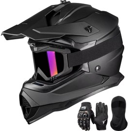 ILM Adult Dirt Bike Helmets Men Women Motocross ATV Off Road Helmet with Goggles Gloves Mask DOT Model WS901 (Matte Black, M)