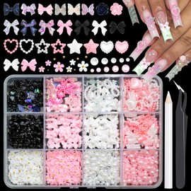 RODAKY Mixed Nail Charms Pink Bow Nail Art Charms White Flatback Pearl for Nails Resin Heart Butterfly Nail Decoration Mini Nail Flowers Cute Y2K Nail Gems Supplies Accessories for Manicure Design
