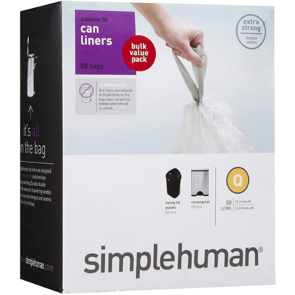 simplehuman Code Q Custom Fit Drawstring Trash Bags, 50-65 Liter / 13-17 Gallon, White, 20 Count