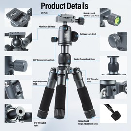 SIRUI Compact Mini Desktop Tripod, 20" Aluminum Portable Small Tabletop Tripod Stand with 360° Ball Head for DSLR, Camera, Phone, Loaded up to 17.64lbs, Phone Holder Included, AM-TT50