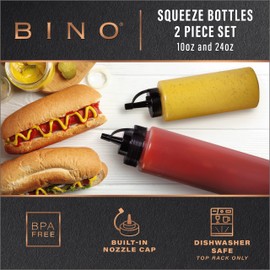 BINO 2-Piece Squeeze Bottles Set - 10 oz + 24 oz | Food Grade Plastic | Squeeze Bottles for Liquids | Plastic Condiment & Sauce Squeeze Bottles | Cooking Sauce Bottles | Ketchup & Mustard Bottles
