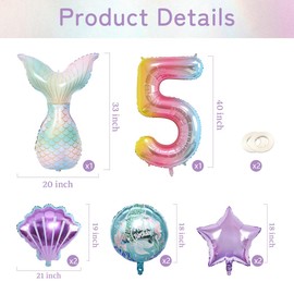 5th Birthday Decorations for Girls, 5 Balloons for Girls, Mermaid Party Decorations - HSC 8-Piece Mermaid Birthday Decorations with 5th Birthday Balloons for Birthdays, Theme Parties, Celebrations
