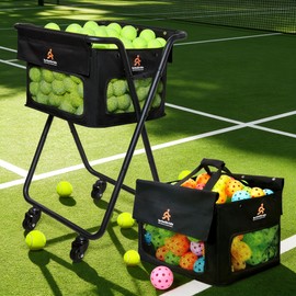 TurboStride Tennis & Pickleball Cart - 140 Ball Capacity Hopper with Quick-Detach Bag, 4 Smooth Swivel Wheels & Foldable Frame for Easy Court Transport and Compact Storage