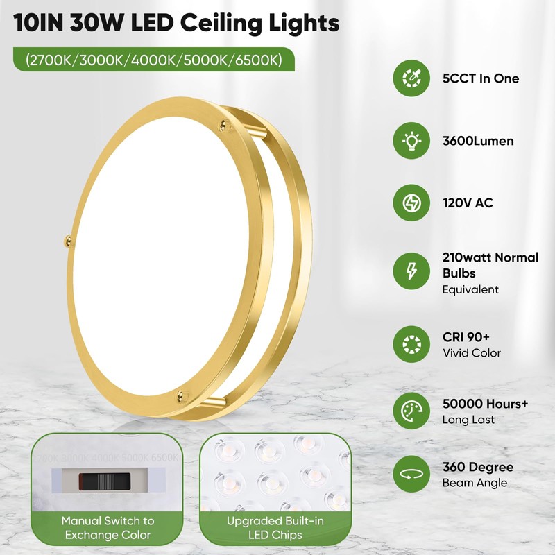 10 Inch LED Flush Mount Ceiling Light, Gold Kitchen Lighting