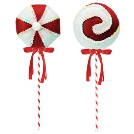2 Pcs Large Candy Lollipop Spray, 35.5cm/13.9inch 2 Styles Christmas Sequins Peppermint Candy Picks Candy Cane Woolen Curly Pick Fake Swirl Candy on Sticks for Tree Vase Fillers Home Decor (Red)
