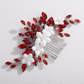Rumtock Red Rhinestones Beads White Flower Silver Hair Piece for Women Wedding Bridal Petal Hair Comb Side Headpiece Jewelry (Red)