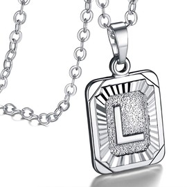 FOCALOOK Initial Necklaces for Women Rectangle Shaped Platinum Plated Silver Color Letter L Pendant Necklace