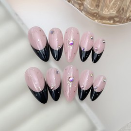 24Pcs Almond False Nails - Black Edge Press on Nails with 3D star - Fake Nails with Glue - Acrylic Full Cover Artificial Fake Nail for Women and Girls