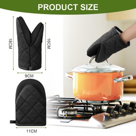 AUAUY 1 Pair Short Neoprene Cotton Oven Mitts, Black, With Non-Slip Surface And Hanging Loop, Cute For Cooking, Baking And Grilling