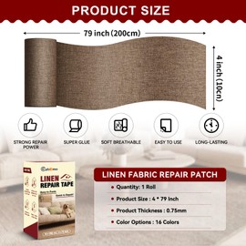Linen Repair Tape 4x79 inch, Self Adhesive Fabric Patches, Linen Patch Tape Kit, Fabric Repair Tape for Couch Sofas, Headboards, Chairs, Pillows, Curtains, Couches - Light Brown