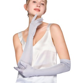 METWAY Women Pure Silk Long Gloves Elbow Length Opera Evening Party Sunscreen UV protection Sleeping Moisturizing Glove Silver-gray