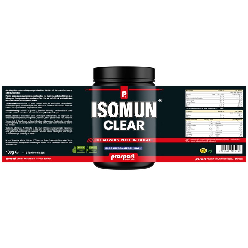 Prosport Isomun Clear Whey Isolate Protein, Blackberry Flavour, 400 g