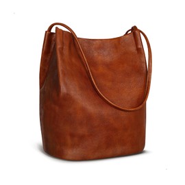 Iswee Vintage Leather Purses for Women Brown Shoulder Bag Satchel Slouchy Hobo Large Designer Tote Bag Luxury Bucket Bag Work (Brown)