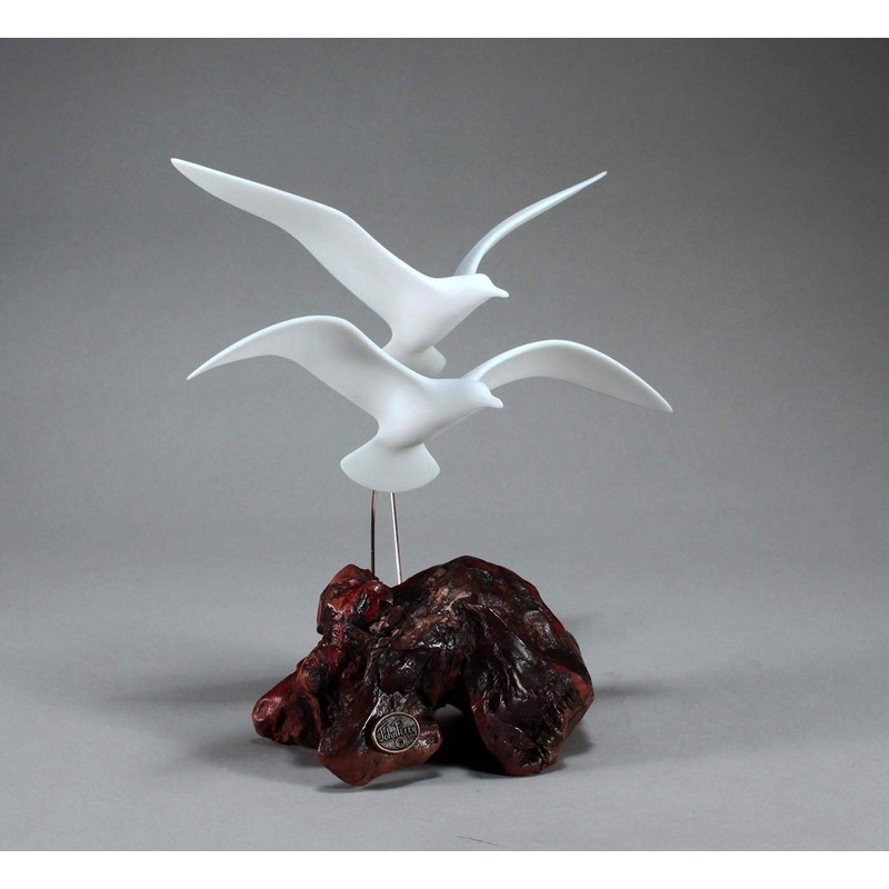 Seagull Pair Sculpture by John Perry Medium version Burl base