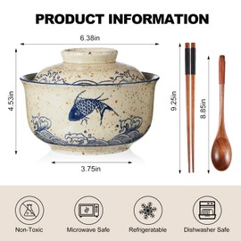 LemonRoad 4 Pack 25oz Ceramic Ramen Bowl with Lid Microwavable with Chopsticks and Spoon Japanese Korean Soup Bowl Clay Pot Dinnerware for Noodle Rice Porridge