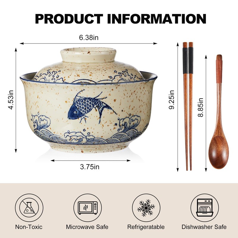 LemonRoad 4 Pack 25oz Ceramic Ramen Bowl with Lid Microwavable