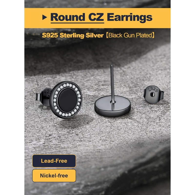 U7 Black Onyx Mens Earrings 925 Sterling Silver Round Black