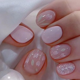 Short Press on Nails Square Fake Nails with Tulip Floral Designs Purple Nails Press ons Glossy Glue on Nails Summer Acrylic Nails Glitter False Nails Nude Stick on Nails for Women 24Pcs