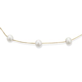 Bridal Tin Cup White Freshwater Cultured 7MM Pearl Chain Station Pearls Necklace For Women Wedding Yellow Gold Plated .925 Sterling Silver 16 Inch