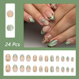 24Pcs French Tip Press on Nails Short Almond Fake Nails with 3D Flower Stripe Designs Gold Floral Glue on Nails Flowers False Nail Tips Summer Acrylic Nails Full Cover Stick on Nails for Women