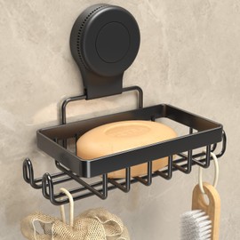 Soap Holder Bar Dish Suction Cup, Bar Shampoo Rack for Shower Wall, Draining Soap Saver Tray for Bathroom, Rustproof Stainless Steel Sponge Holder for Tub, Kitchen, Drill-Free (Black, 1-Tier)