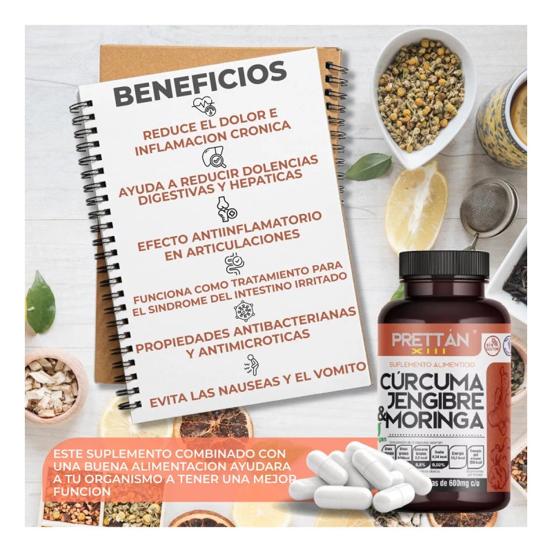Crcuma Jengibre Y Moringa Prettan Suplemento 600mg 90 Caps