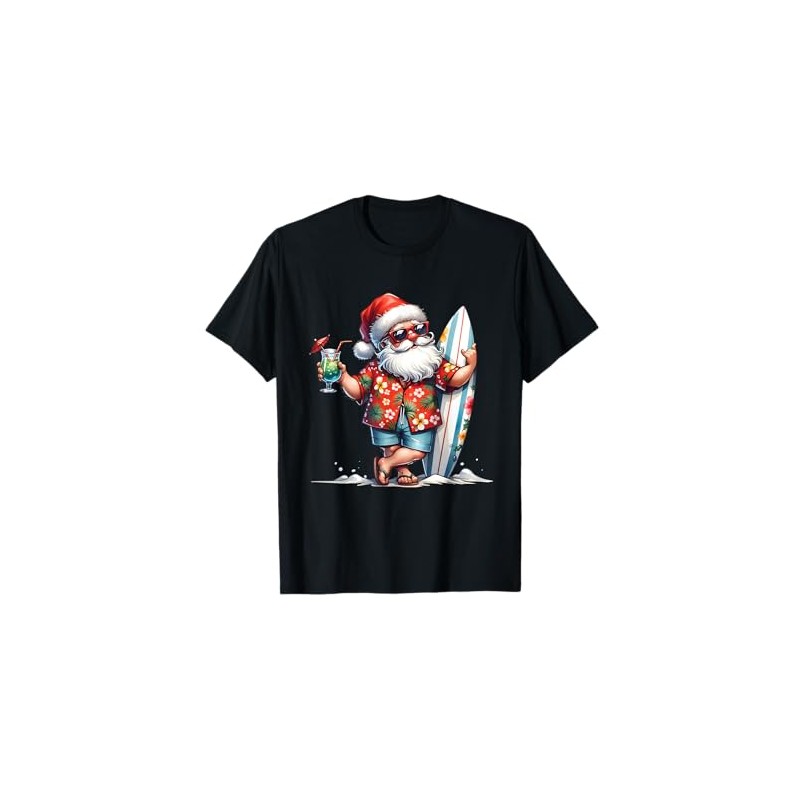 Tropical Santa Surfing Hawaii Christmas Beach Vibes Aloha T-Shirt, black