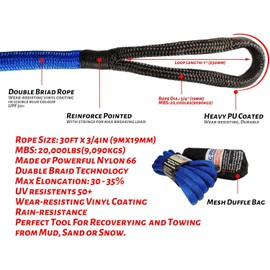 KING-PRO Kinetic Recovery Rope 3/4“x30' Towing Rope 20,000lbs Breaking Strength 100% Nylon Made Heavy Duty Offroad Snatch Strap 30% Elasticity for Full-Size Truck Large SUVs Offroad Vehicels (Blue)