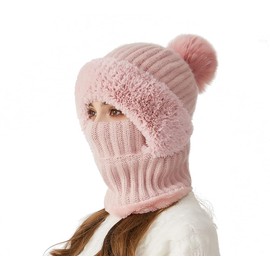 Spevert Womens Pom Beanie Hat Scarf,Cute Winter Ski Hat, Winter Fleece Face Masks Windproof Hooded Scarf Fleece Lined Skull Cap (US, Alpha, One Size, Pink)
