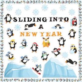 Haooryx Winter Sliding Into A New Year Penguin Bulletin Board Set - 135Pcs Penguin Paper Cut-Outs Blackboard Border Nametag Set for Christmas Party Home School Classroom Whiteboard Window Wall Decor