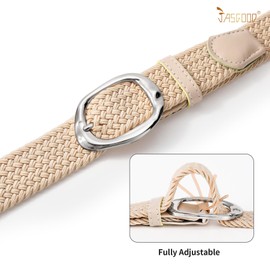JASGOOD Braided Elastic Belt for Women Stretchy Woven Golf Belt Casual Web Belt for Jeans Pants with Silver Buckle, Beige, Fit Waist Size 26inch-31inch