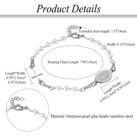 Flongo Catholic Rosary Bracelet for Women: Religious Bracelet with Cross Pendant Black Gold Beads Virgin Mary Chain Stainless Steel Prayer Faith Protection Bangle Virgin Mary, Stainless Steel